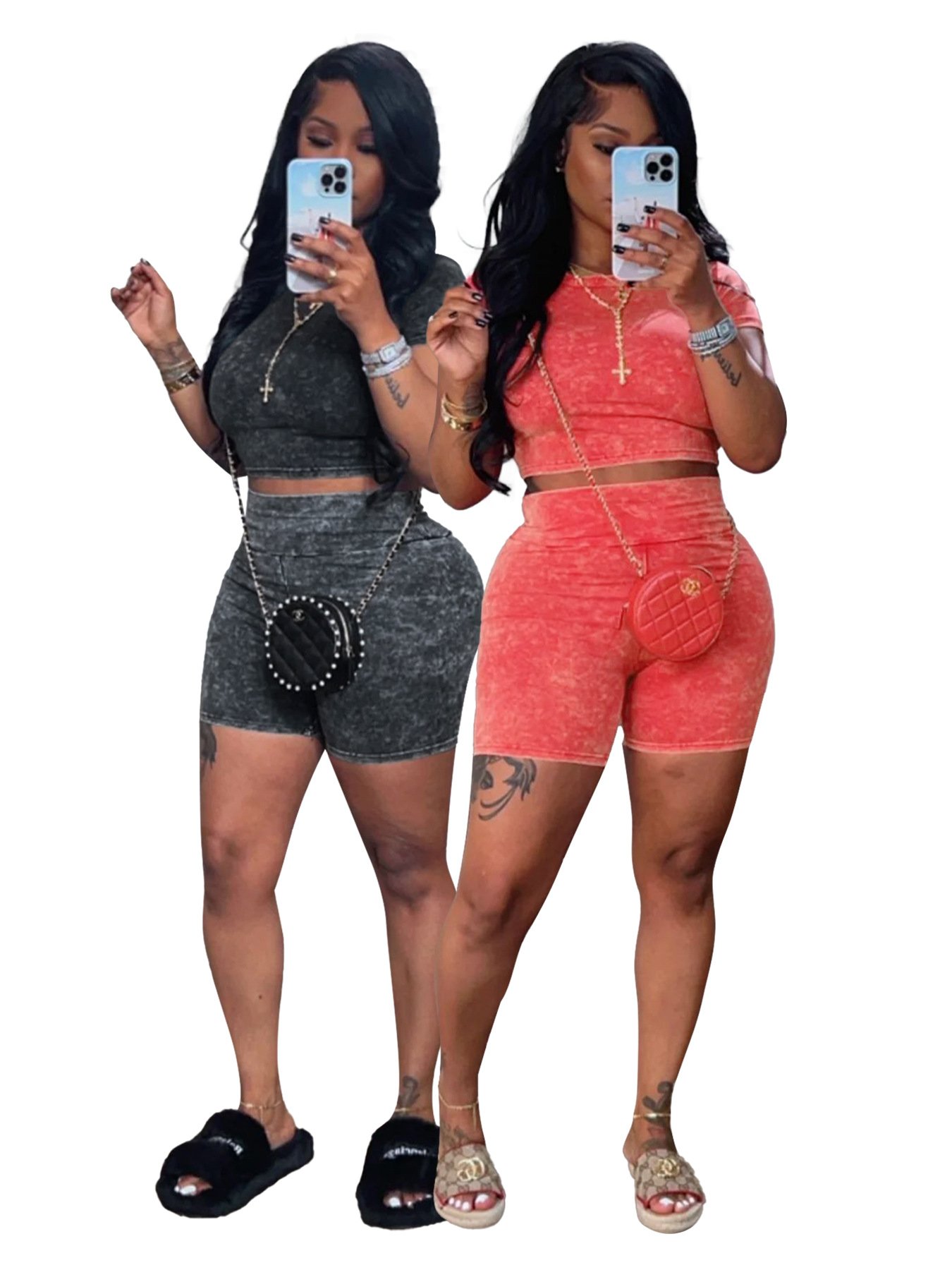New 2 Piece Set Crop Top Hoodies Acid Wash Tracksuit For Women Short Rompers One Piece Jumpsuits Ribbed Casual Women'S Sets