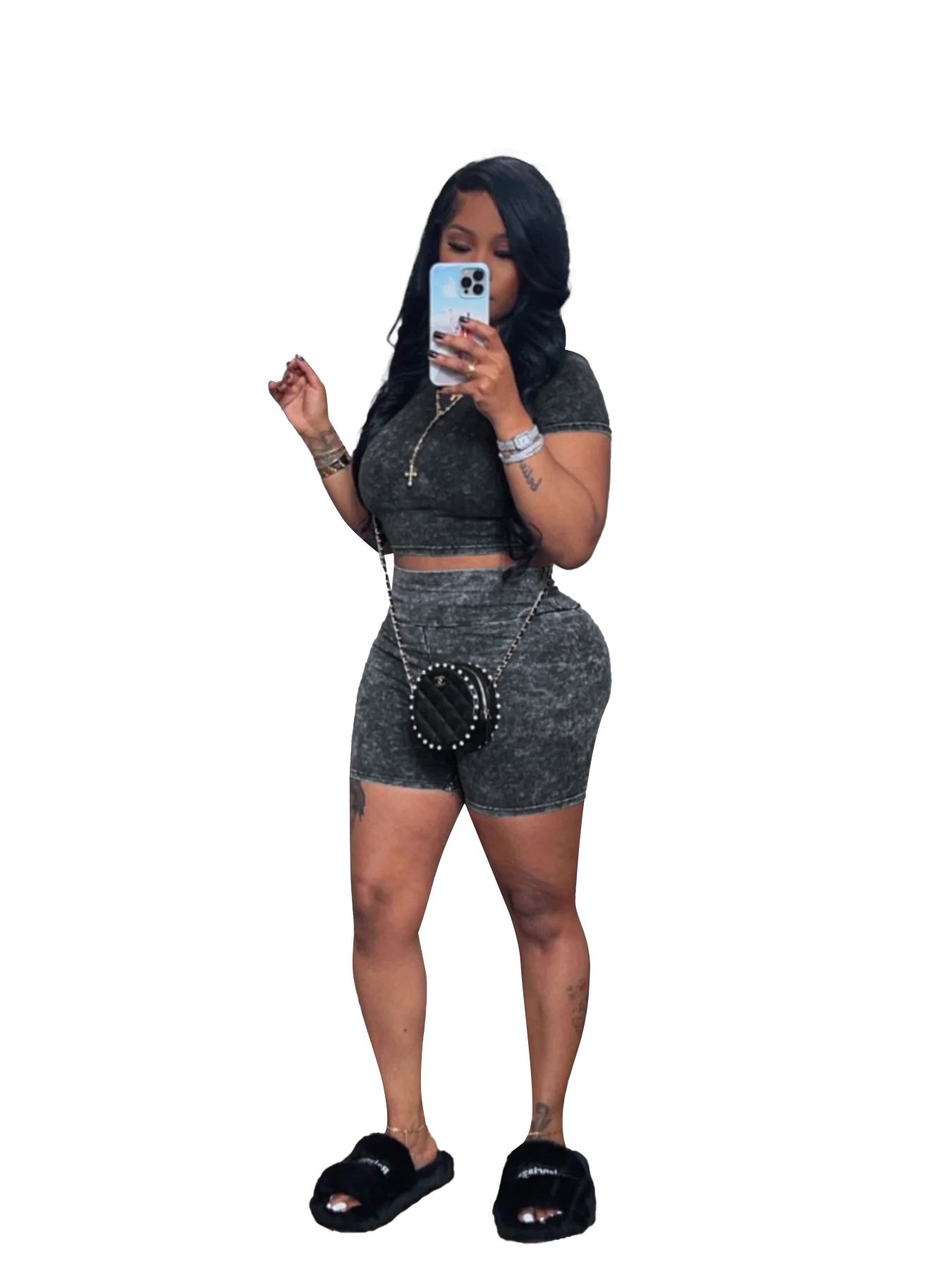 New 2 Piece Set Crop Top Hoodies Acid Wash Tracksuit For Women Short Rompers One Piece Jumpsuits Ribbed Casual Women'S Sets
