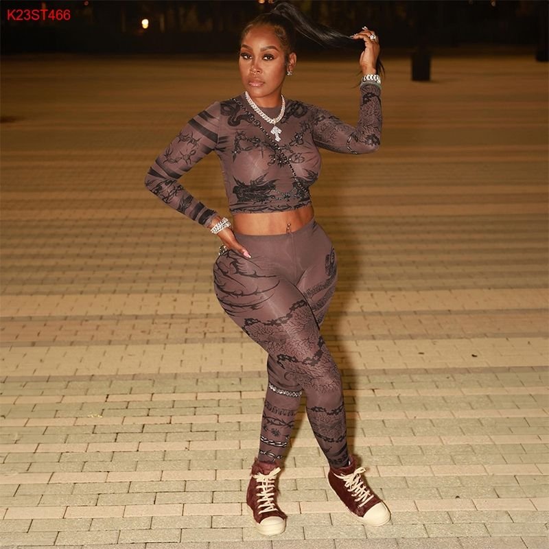 Retro Punk Printed Mesh Mesh Leggings Set Tight Fitting 2 Piece Set Women'S Sets