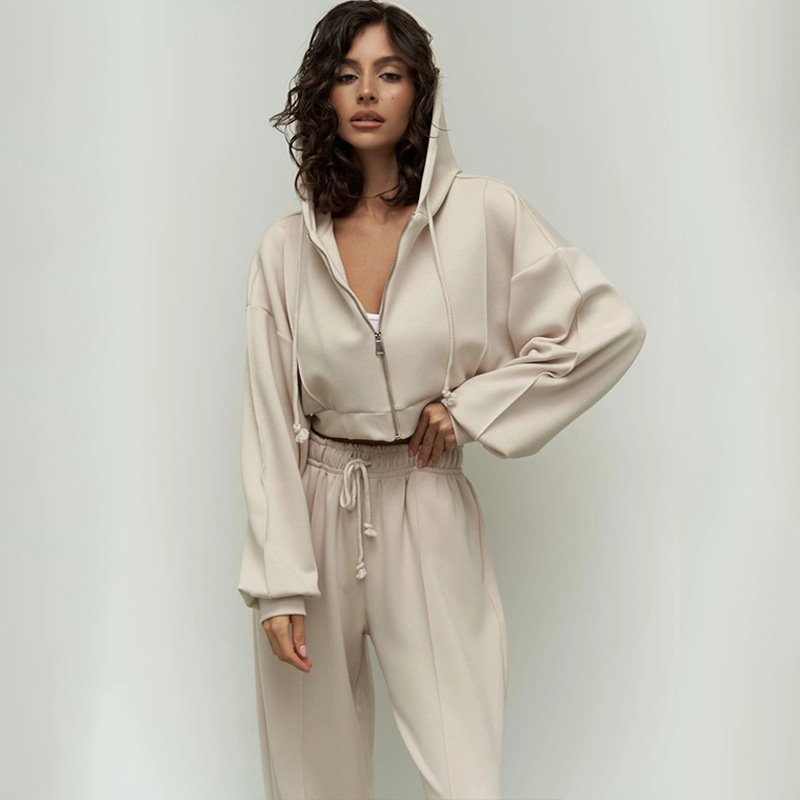 Casual Fashion Women's Set Solid Long Sleeved Zipper Hoodie Suits Sports Tie Up Pants and Hooded Hoodies Two-piece Sets