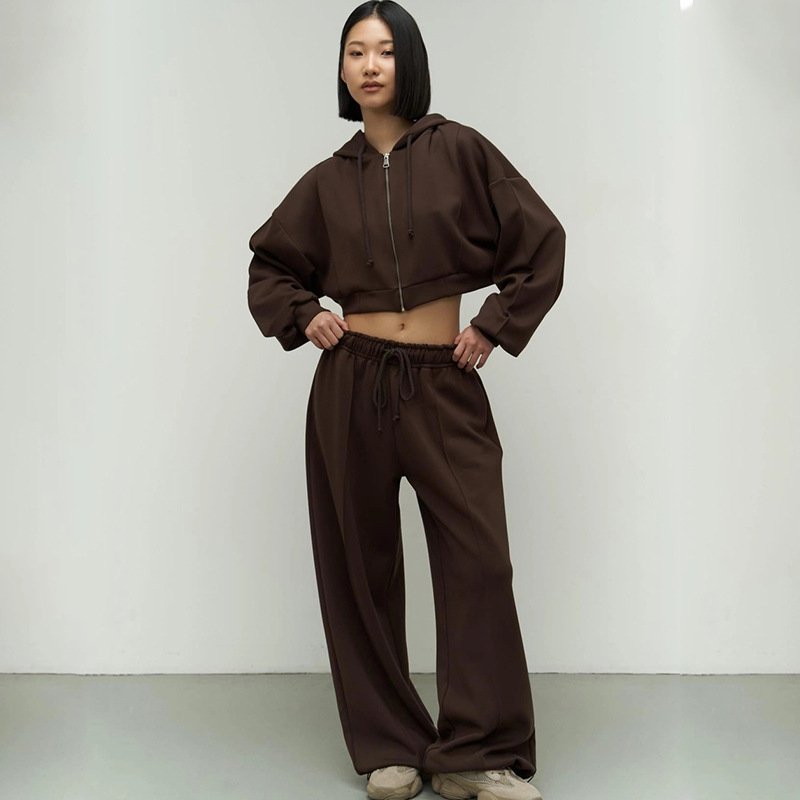 Casual Fashion Women's Set Solid Long Sleeved Zipper Hoodie Suits Sports Tie Up Pants and Hooded Hoodies Two-piece Sets