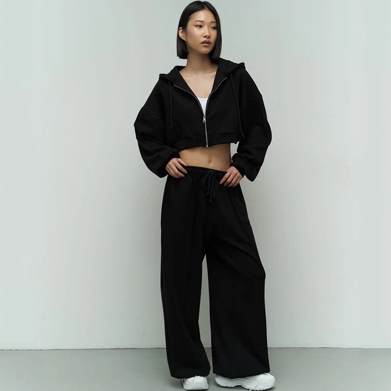 Casual Fashion Women's Set Solid Long Sleeved Zipper Hoodie Suits Sports Tie Up Pants and Hooded Hoodies Two-piece Sets