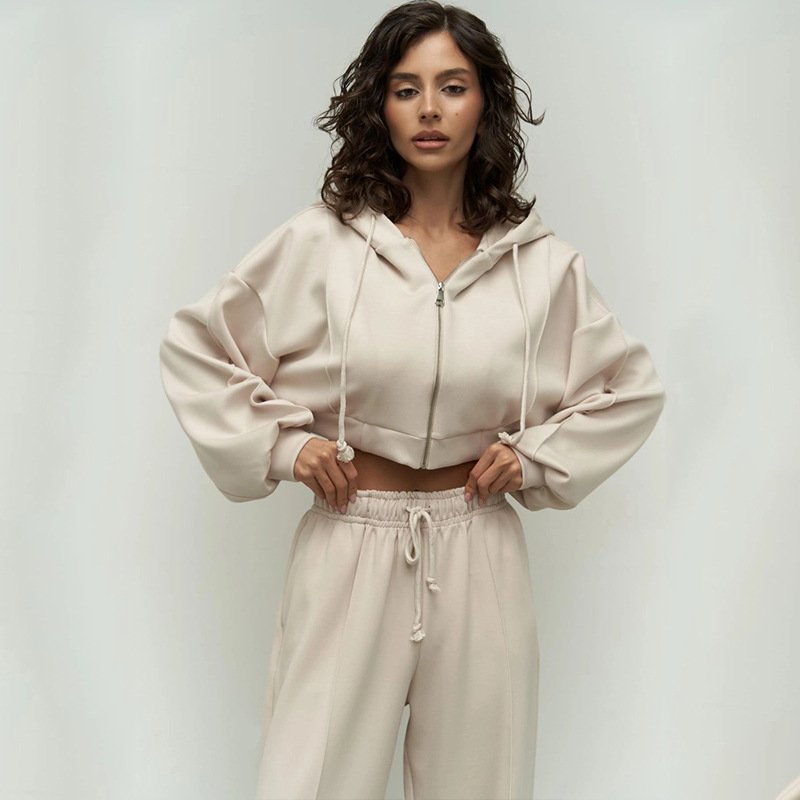 Casual Fashion Women's Set Solid Long Sleeved Zipper Hoodie Suits Sports Tie Up Pants and Hooded Hoodies Two-piece Sets