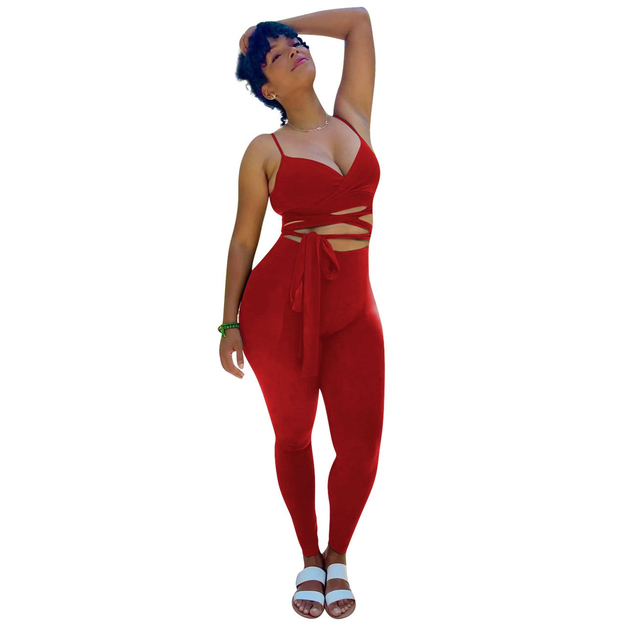 Fast shipping women's sets summer solid color tie-up tight casual Suit stylish bow tie casual two piece ladies set