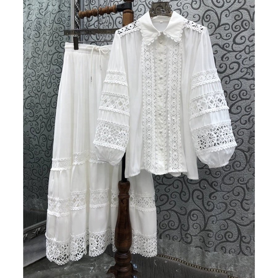 2024 Plus Size Women's Fashion Casual Dress Elegant Lapel Lace Lantern Sleeve Shirt High Waist Skirt Set