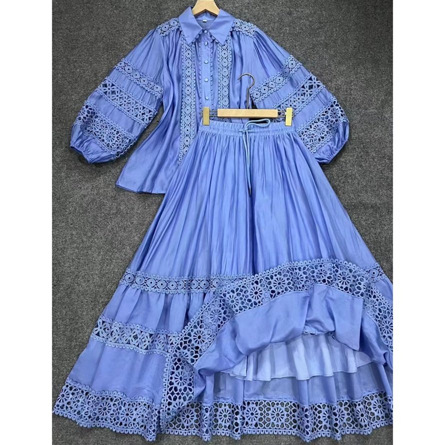 2024 Plus Size Women's Fashion Casual Dress Elegant Lapel Lace Lantern Sleeve Shirt High Waist Skirt Set