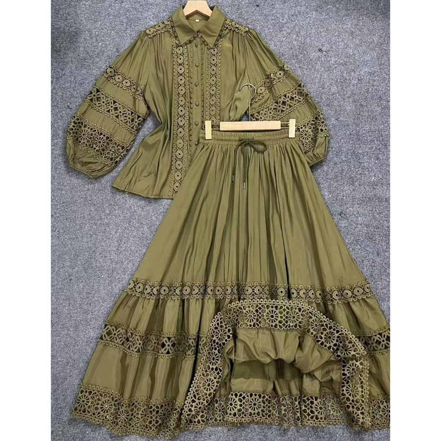 2024 Plus Size Women's Fashion Casual Dress Elegant Lapel Lace Lantern Sleeve Shirt High Waist Skirt Set