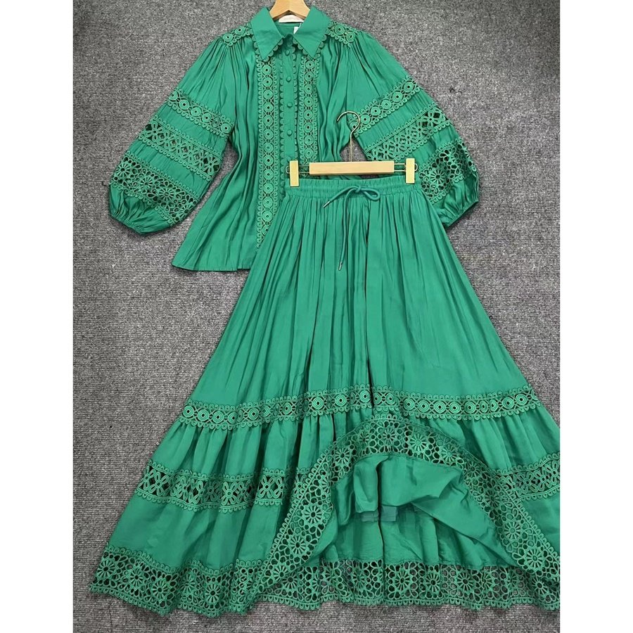 2024 Plus Size Women's Fashion Casual Dress Elegant Lapel Lace Lantern Sleeve Shirt High Waist Skirt Set