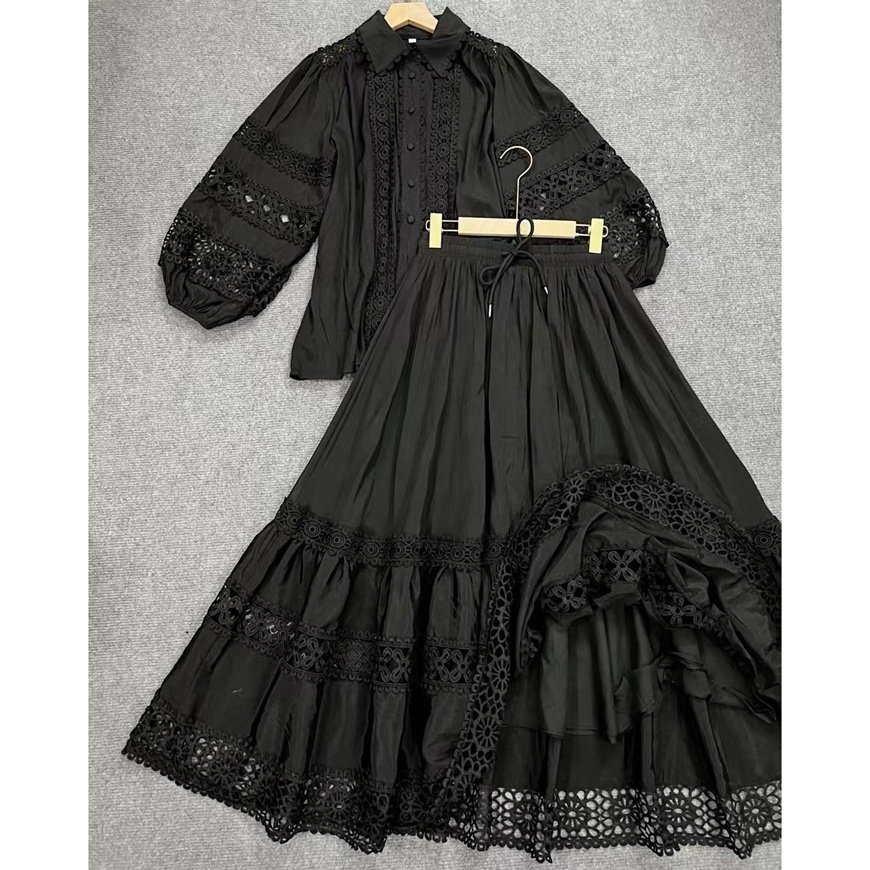 2024 Plus Size Women's Fashion Casual Dress Elegant Lapel Lace Lantern Sleeve Shirt High Waist Skirt Set