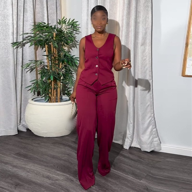 HK7508 Wholesale Elegant Sleeveless Button Vest Casual Long Pants Set For Woman Two Piece Fashion Set
