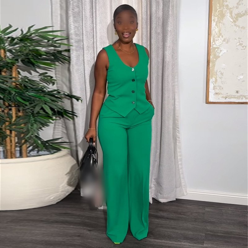 HK7508 Wholesale Elegant Sleeveless Button Vest Casual Long Pants Set For Woman Two Piece Fashion Set