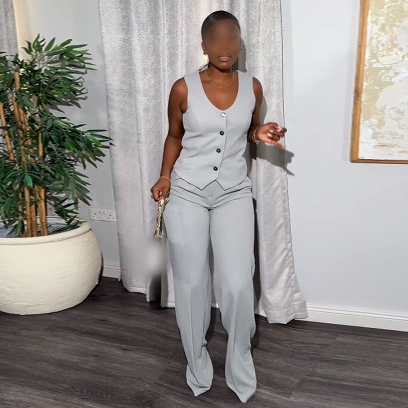 HK7508 Wholesale Elegant Sleeveless Button Vest Casual Long Pants Set For Woman Two Piece Fashion Set