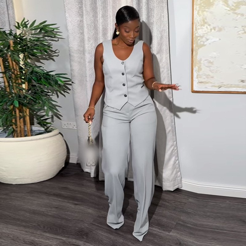 HK7508 Wholesale Elegant Sleeveless Button Vest Casual Long Pants Set For Woman Two Piece Fashion Set