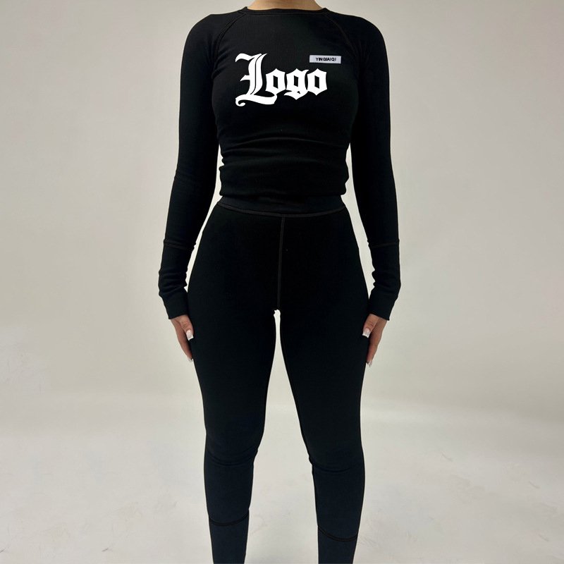 Custom Logo 2024 Spring Loungewear Women Sets Long Sleeve Tight Ribbed Knitted Two Piece Pants Legging Sweatsuit Women's Set