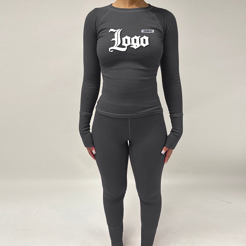 Custom Logo 2024 Spring Loungewear Women Sets Long Sleeve Tight Ribbed Knitted Two Piece Pants Legging Sweatsuit Women's Set