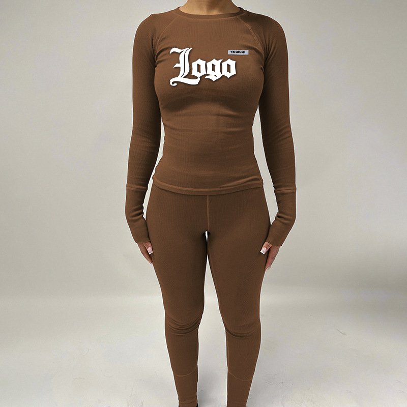 Custom Logo 2024 Spring Loungewear Women Sets Long Sleeve Tight Ribbed Knitted Two Piece Pants Legging Sweatsuit Women's Set