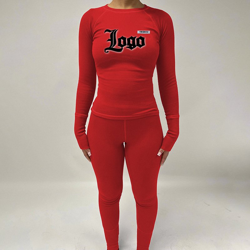Custom Logo 2024 Spring Loungewear Women Sets Long Sleeve Tight Ribbed Knitted Two Piece Pants Legging Sweatsuit Women's Set
