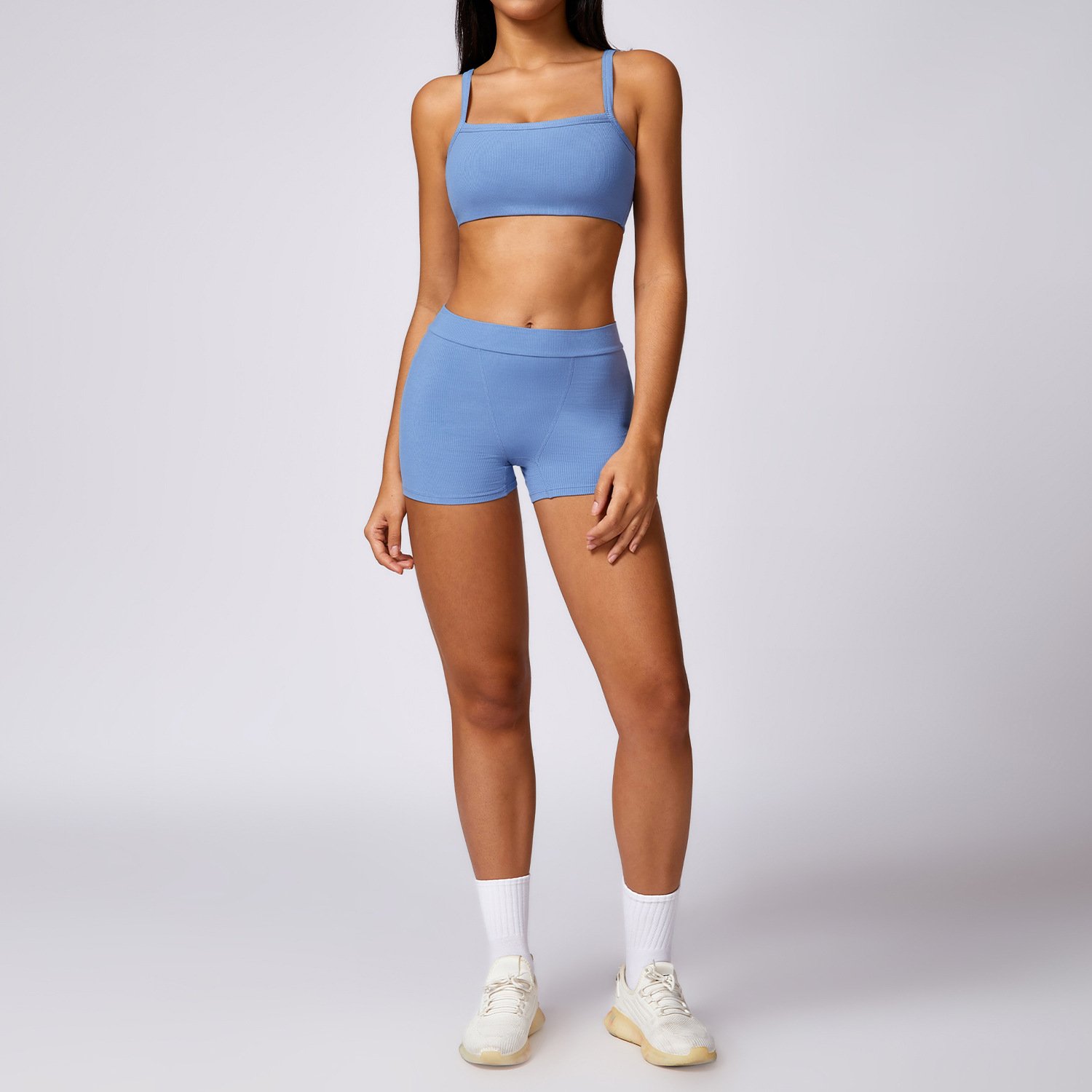 Lightweight Polyester Sport Yoga Set Soft Ribbed Bra & Shorts Moisture-Wicking Workout Apparel Scrunch Feature Plus Size Fit