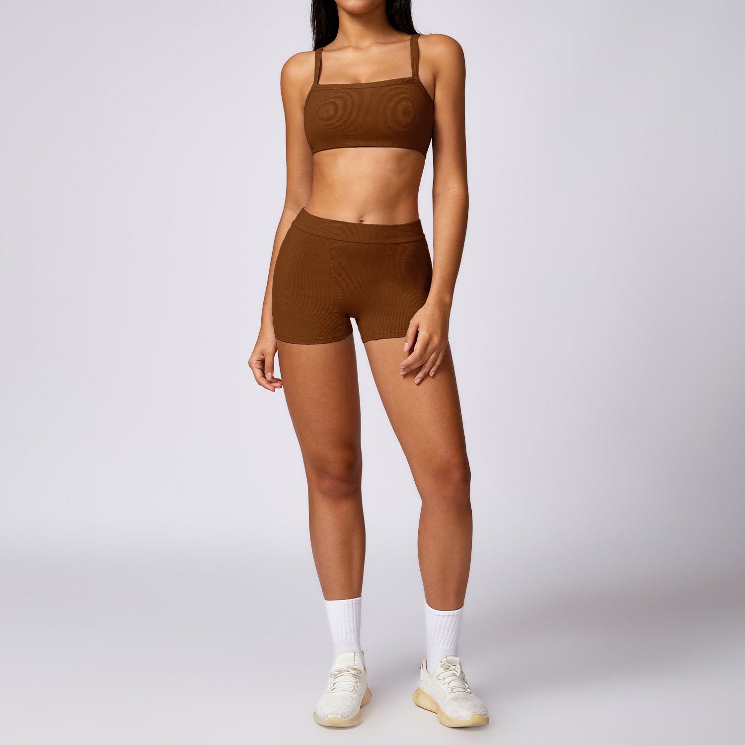 Lightweight Polyester Sport Yoga Set Soft Ribbed Bra & Shorts Moisture-Wicking Workout Apparel Scrunch Feature Plus Size Fit