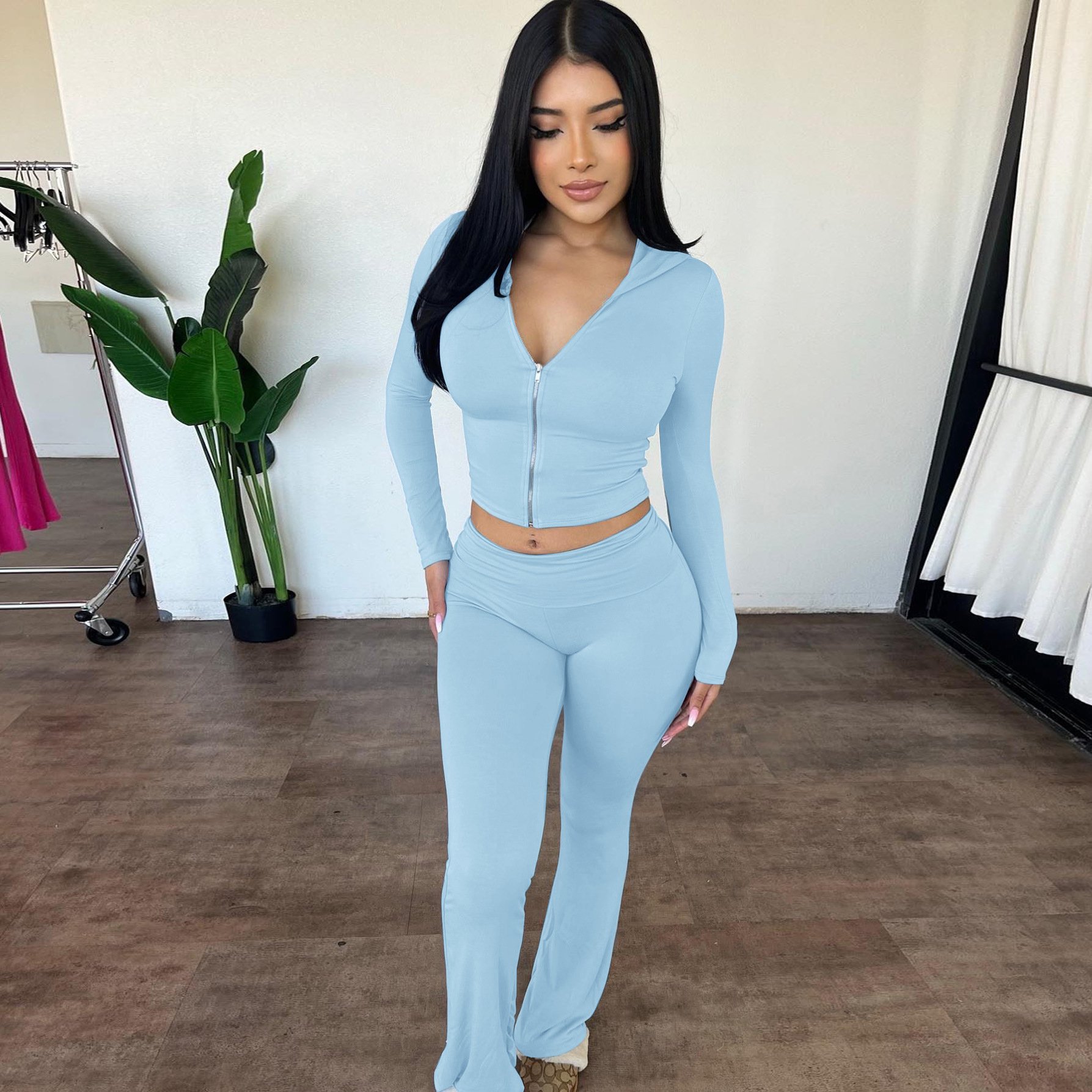 Womens Clothing 2 Two Piece Loungewear Set Tracksuits Custom Hoody Jacket and Flare Pants Fall Casual Outfits For Ladies