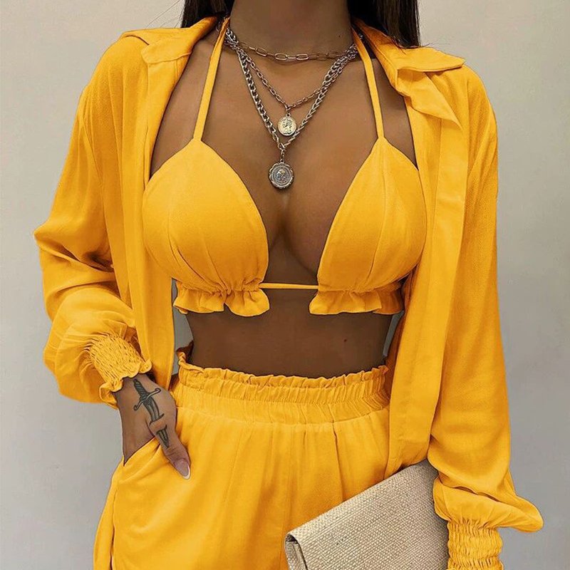 Summer Fashion Plus Size Printed Workout Wear Women'S Shorts Set 3 Piece Bra Bikini Shorts Set