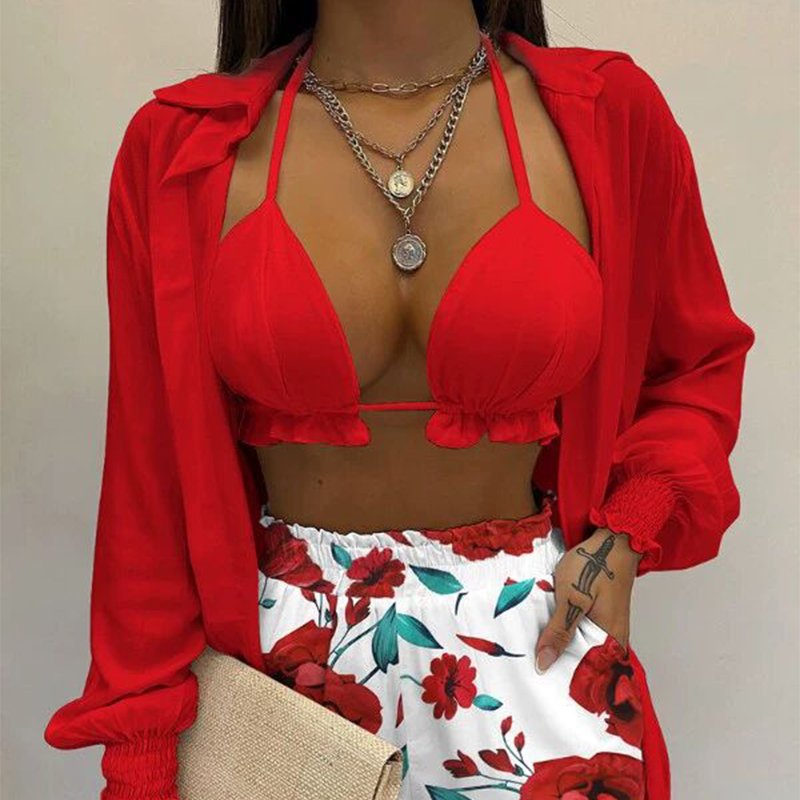 Summer Fashion Plus Size Printed Workout Wear Women'S Shorts Set 3 Piece Bra Bikini Shorts Set