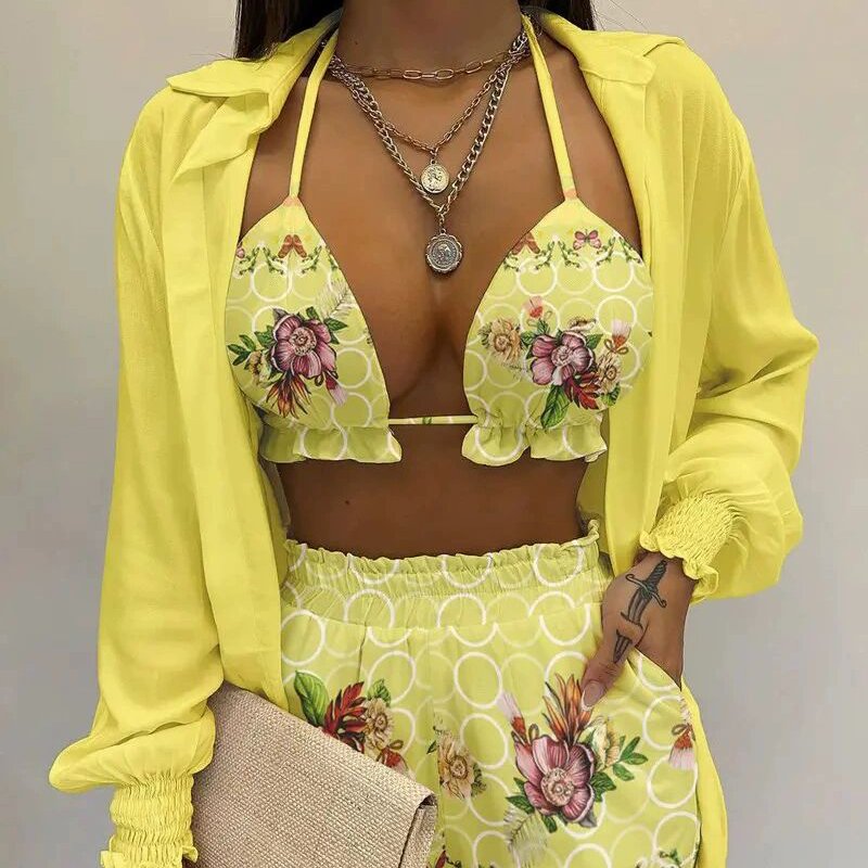 Summer Fashion Plus Size Printed Workout Wear Women'S Shorts Set 3 Piece Bra Bikini Shorts Set