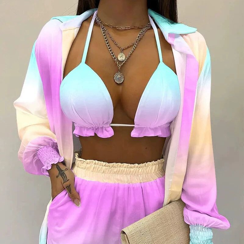 Summer Fashion Plus Size Printed Workout Wear Women'S Shorts Set 3 Piece Bra Bikini Shorts Set
