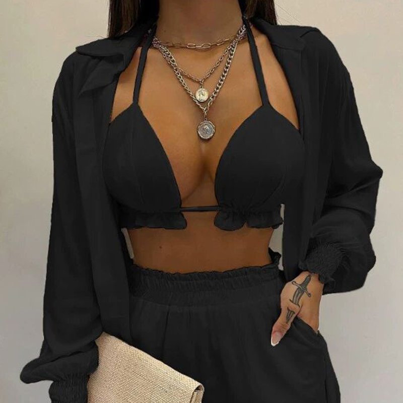 Summer Fashion Plus Size Printed Workout Wear Women'S Shorts Set 3 Piece Bra Bikini Shorts Set