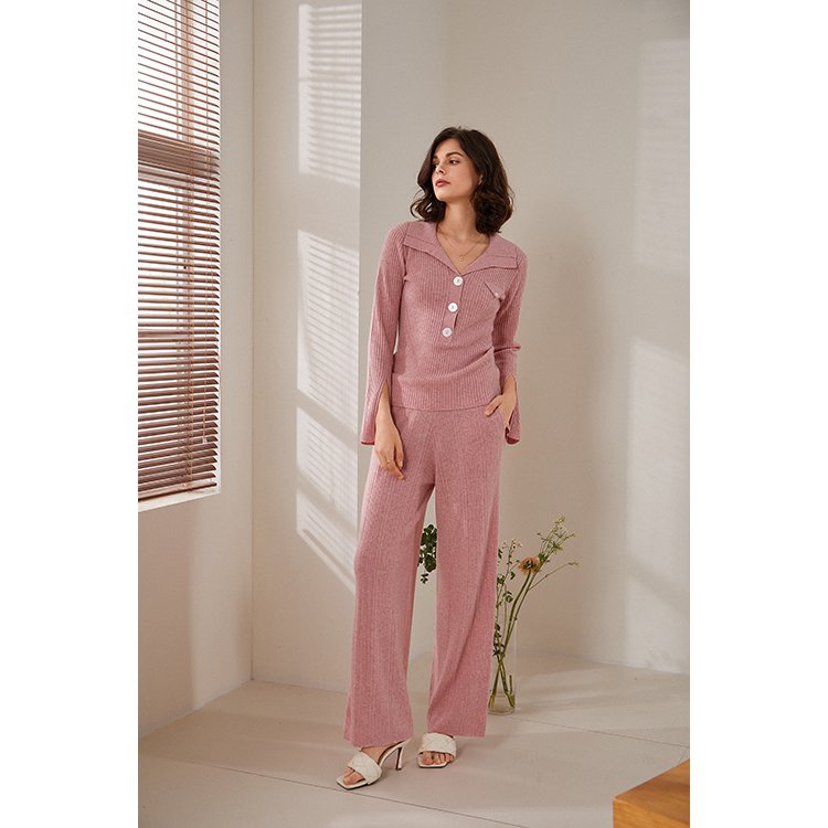 Wholesale 70%Wool 30%Cashmere Lapel Long Sleeved Shirt Trousers Suit 2 Piece For Women's
