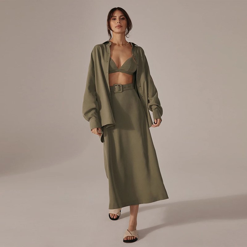 Plus Size Women's Sets Solid Green Bra and Shirt Hgih Waist 3 Piece Set Custom High Quality Clothing A Line Skirt