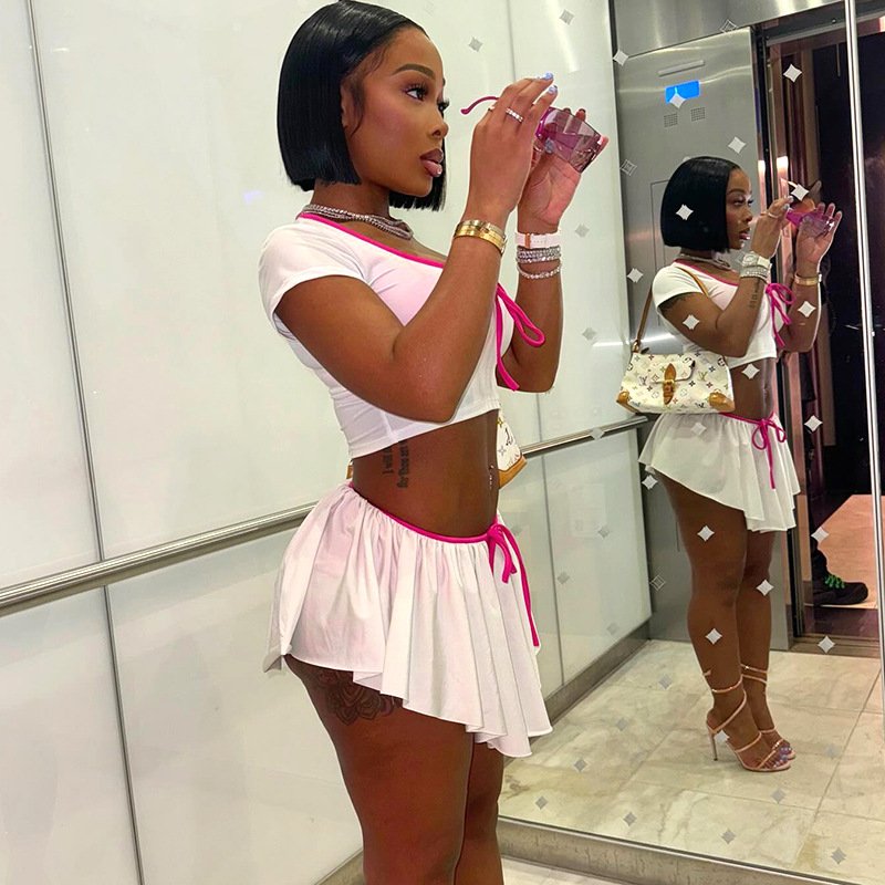 Hot 2 Piece Skirt Set Women Summer Clothes Fashion Bow CropTop and Pleated Skirt Two Piece Set Outfits For Women