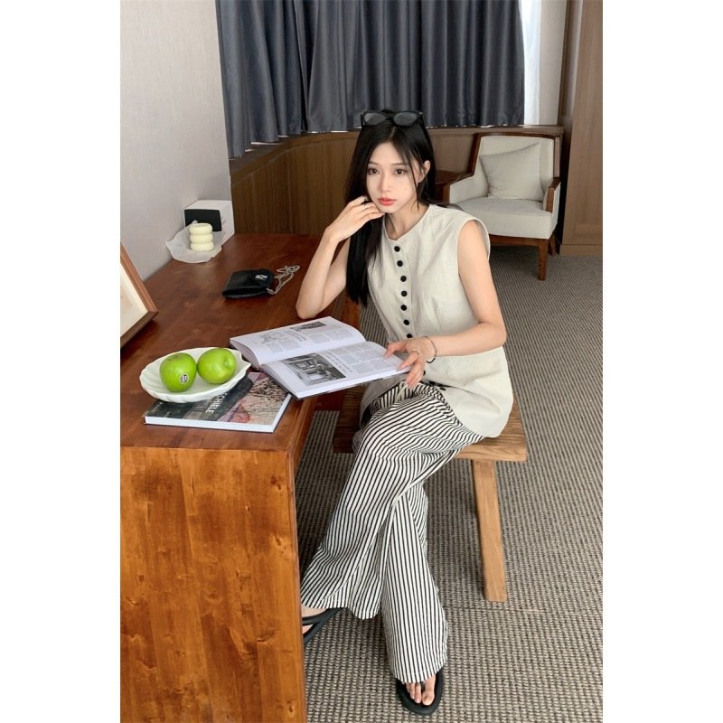 Boutique Wholesale 2024 Summer New Single Breasted Sleeveless Vest Elastic Waist Casual Striped Wide Leg Pants Women's Set