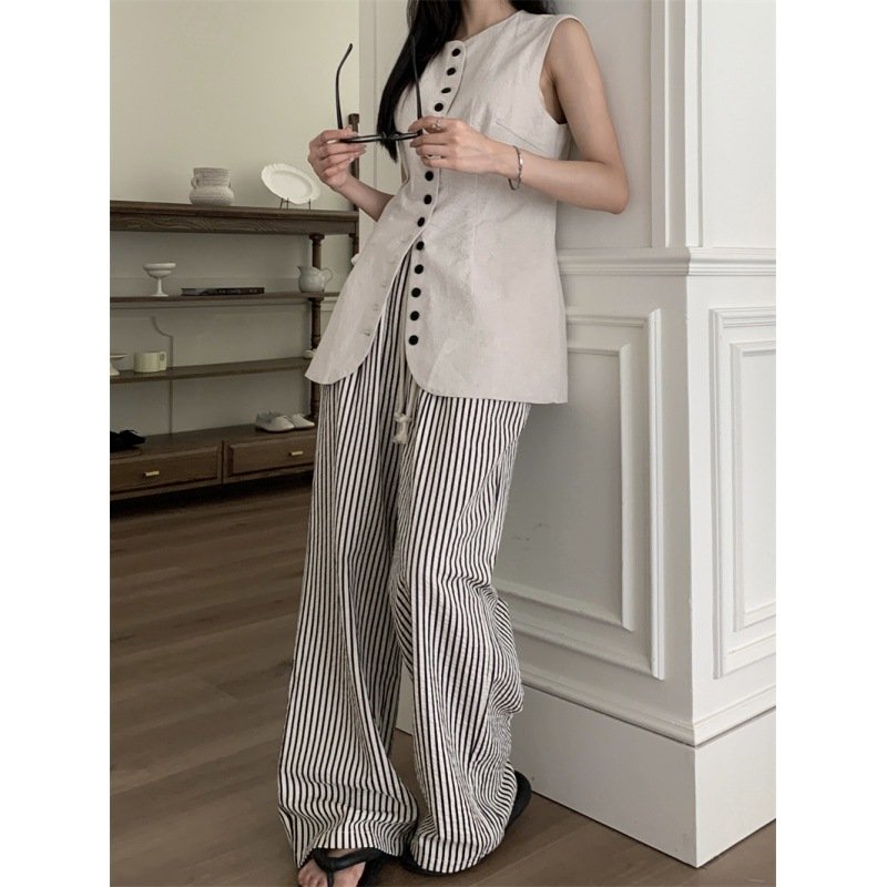 Boutique Wholesale 2024 Summer New Single Breasted Sleeveless Vest Elastic Waist Casual Striped Wide Leg Pants Women's Set