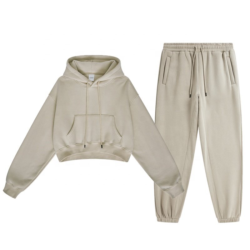 Hot Sale Winter Two Piece Cropped Women's Sweater Set Custom Oversized Plain Cropped Hoodie And Sweatpants Set