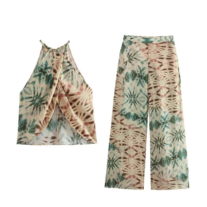 TAOP&ZA 2023 autumn new women's clothing halter collar print top high waist wide leg trousers 2731274 2731273