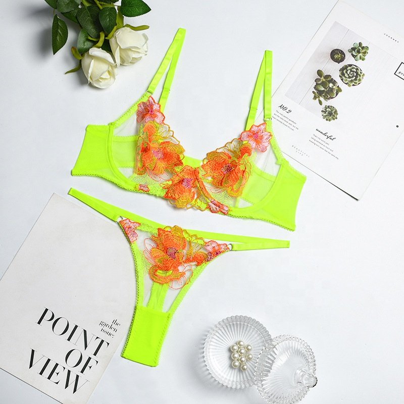 wholesale 2 pieces floral embroidery lingerie sexy lace bra and panties transparent mesh sexy underwear women's lingerie set
