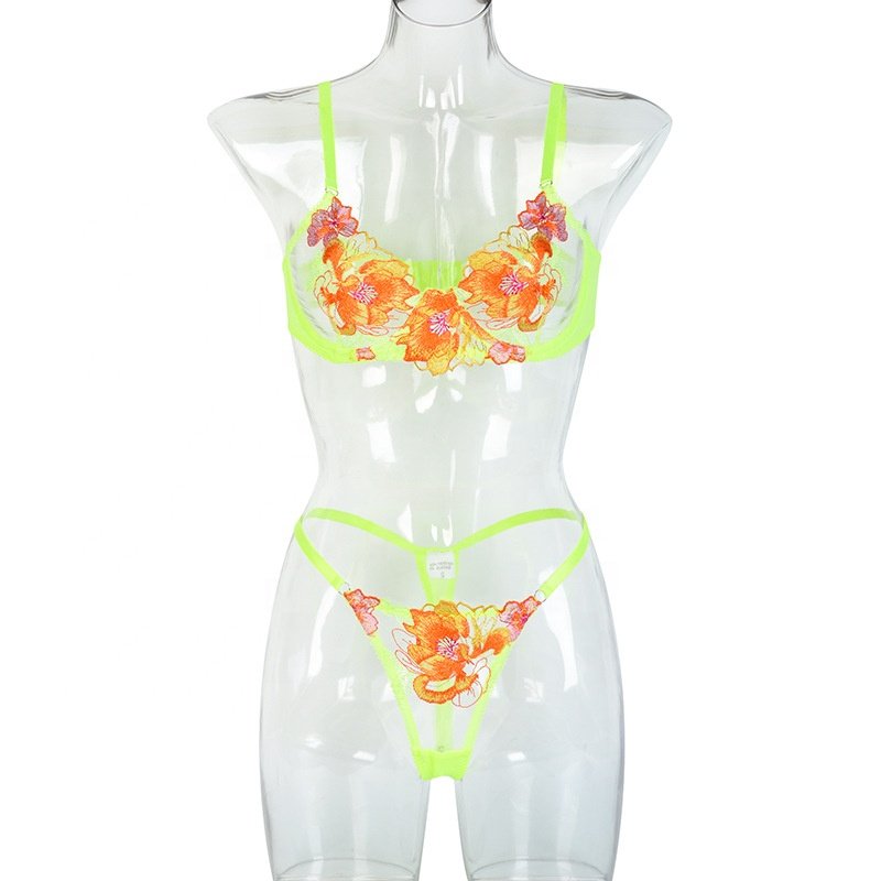 wholesale 2 pieces floral embroidery lingerie sexy lace bra and panties transparent mesh sexy underwear women's lingerie set