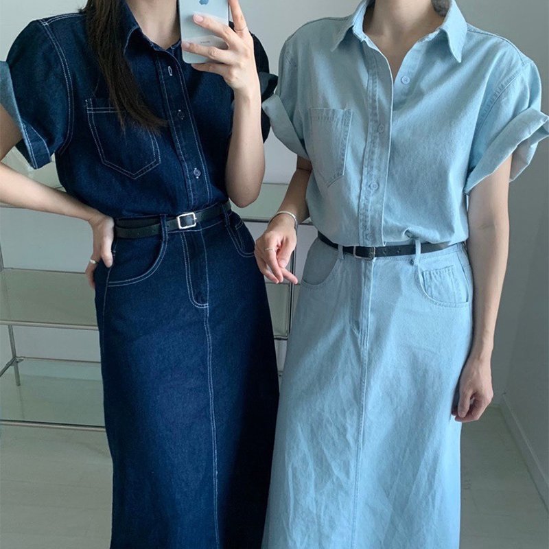Wholesale 2024 Summer French Retro Polo Collar Short Sleeve Denim Shirt High Waist Slim Wrap Hip Skirt Women's Set