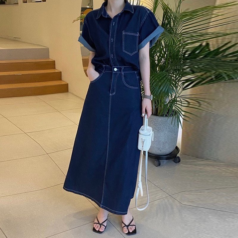 Wholesale 2024 Summer French Retro Polo Collar Short Sleeve Denim Shirt High Waist Slim Wrap Hip Skirt Women's Set