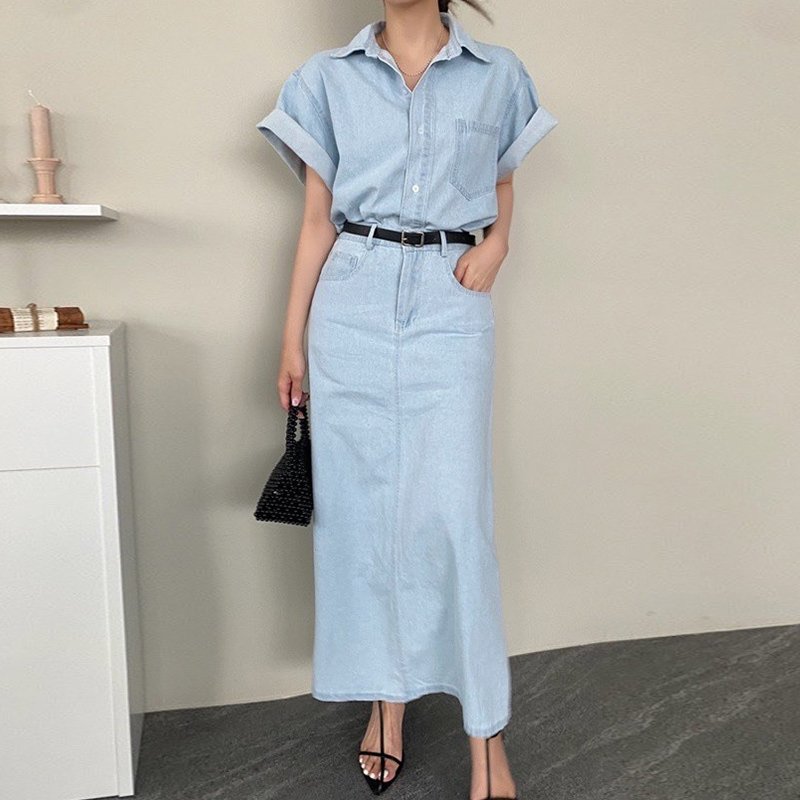 Wholesale 2024 Summer French Retro Polo Collar Short Sleeve Denim Shirt High Waist Slim Wrap Hip Skirt Women's Set