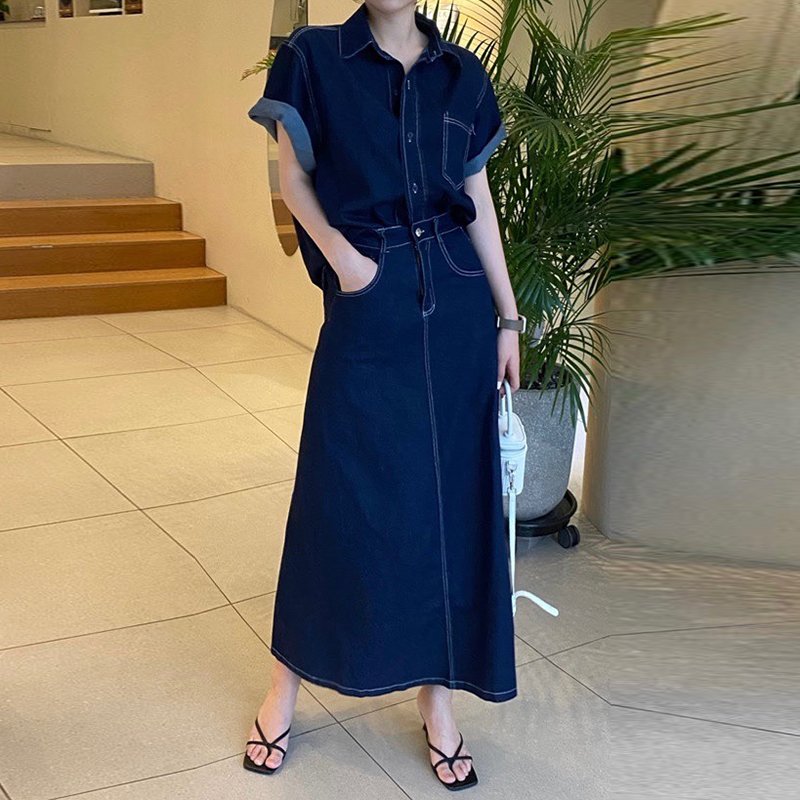 Wholesale 2024 Summer French Retro Polo Collar Short Sleeve Denim Shirt High Waist Slim Wrap Hip Skirt Women's Set