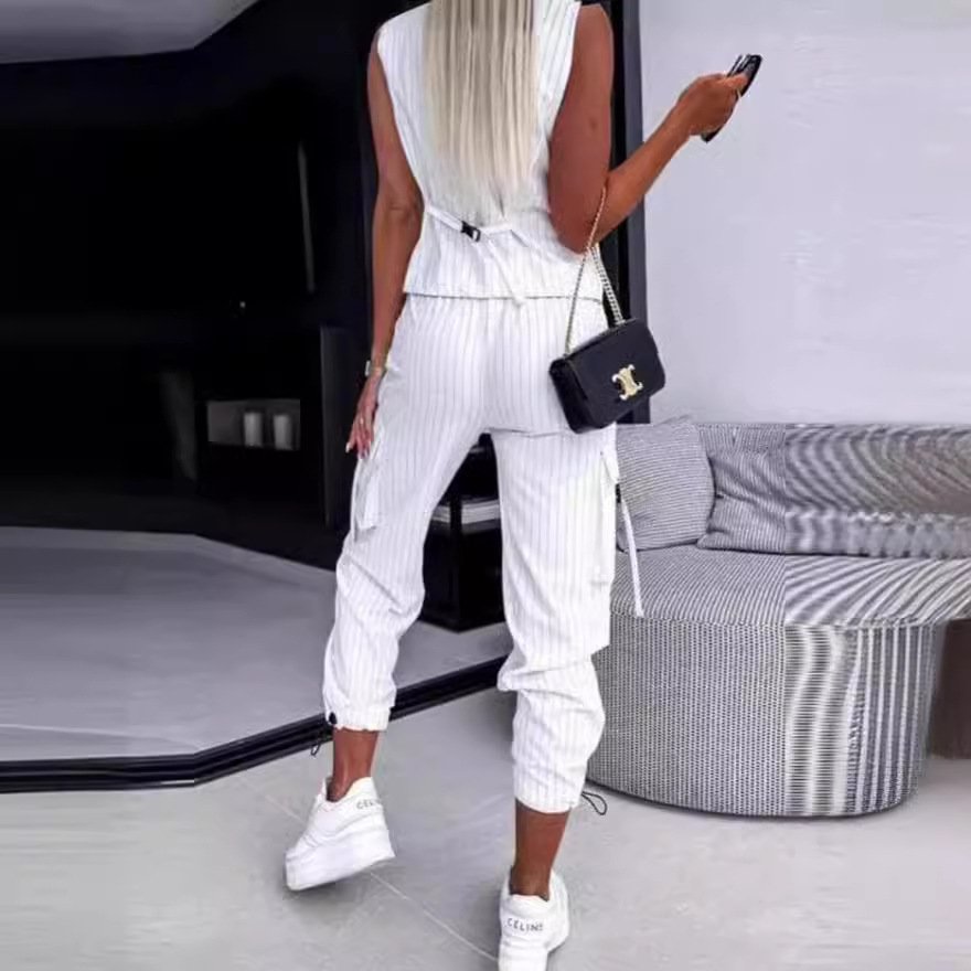 Boutique Wholesale 2024 Summer New Fashionable Temperament Elegant Solid Color Striped Vest Casual Pants Women's Set