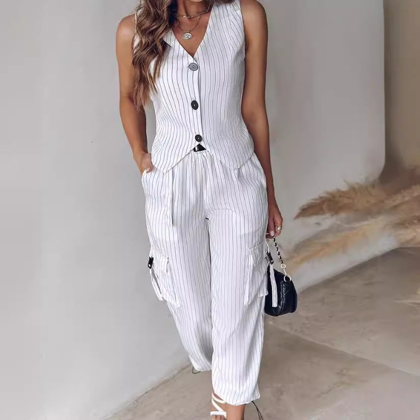 Boutique Wholesale 2024 Summer New Fashionable Temperament Elegant Solid Color Striped Vest Casual Pants Women's Set