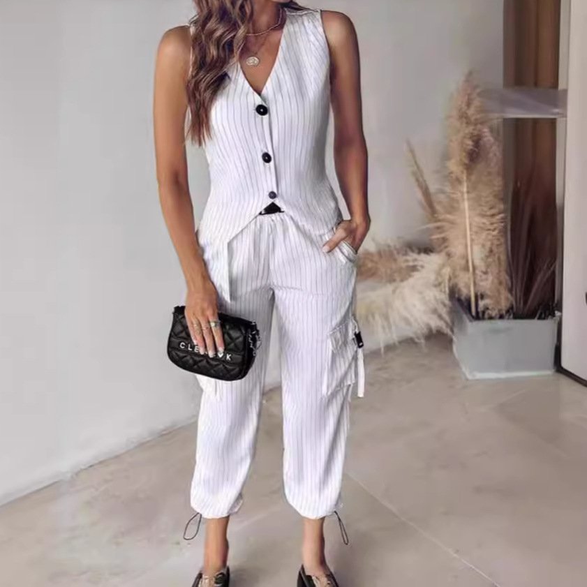 Boutique Wholesale 2024 Summer New Fashionable Temperament Elegant Solid Color Striped Vest Casual Pants Women's Set