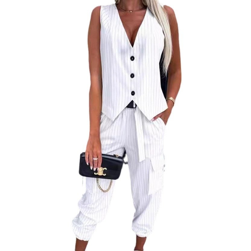 Boutique Wholesale 2024 Summer New Fashionable Temperament Elegant Solid Color Striped Vest Casual Pants Women's Set