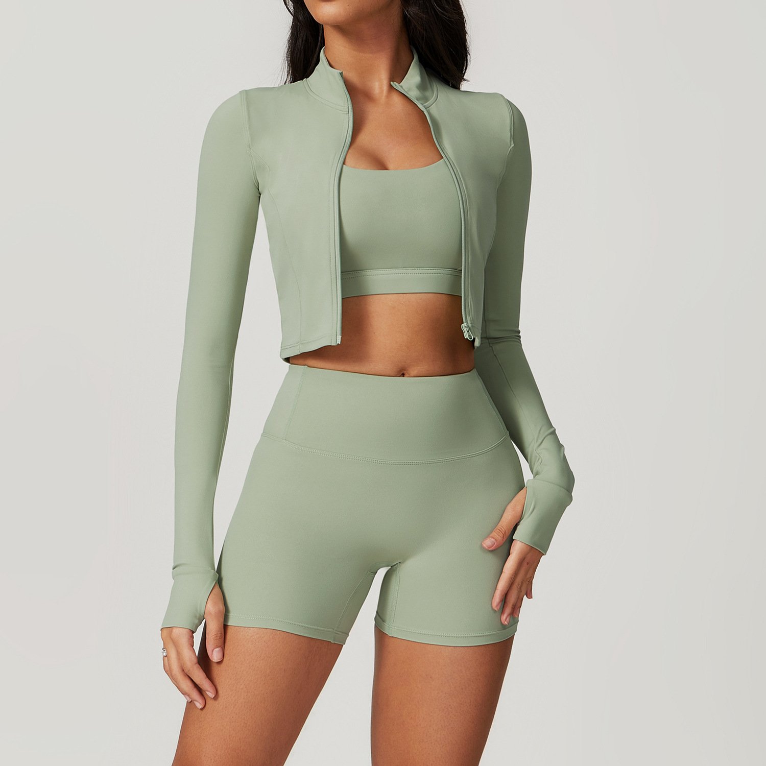 Women Nude Sensation Shockproof Yoga 3 Piece Set Lady Full Zip High Waist Gym Suit Female Scrunch Butt Tight Sports Tracksuit