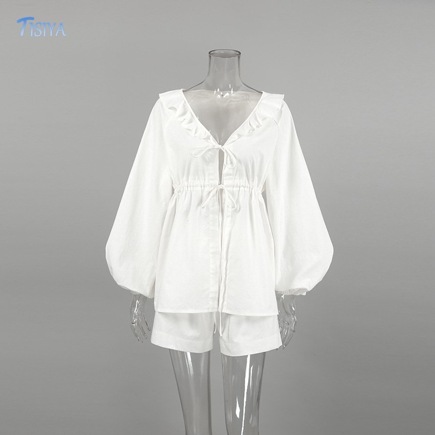 Cotton Linen Blend Customized Plus Size Women's Sets Lace Up Ruffle Top Shorts Two Pieces Ladies Set