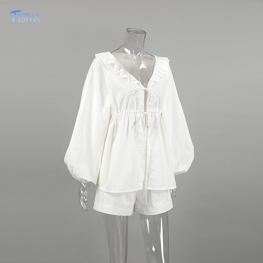 Cotton Linen Blend Customized Plus Size Women's Sets Lace Up Ruffle Top Shorts Two Pieces Ladies Set
