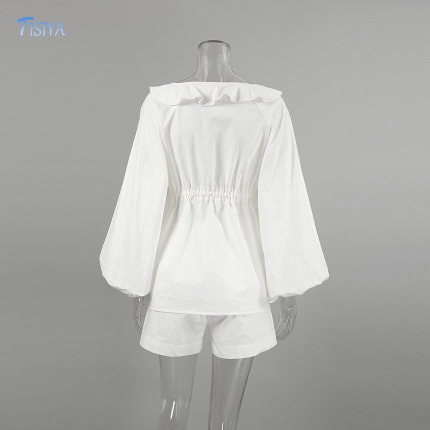 Cotton Linen Blend Customized Plus Size Women's Sets Lace Up Ruffle Top Shorts Two Pieces Ladies Set